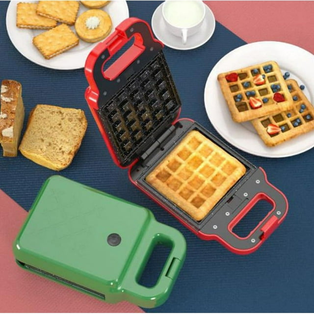 Jinsinto Sandwich Waffle, 650W 2 in 1 Portable Mini Sandwich Panini Press Grill, with Indicator, Cold Handle, Non-Stick Removable Plate, 0-15 Minute Adjustable Timer (Red)