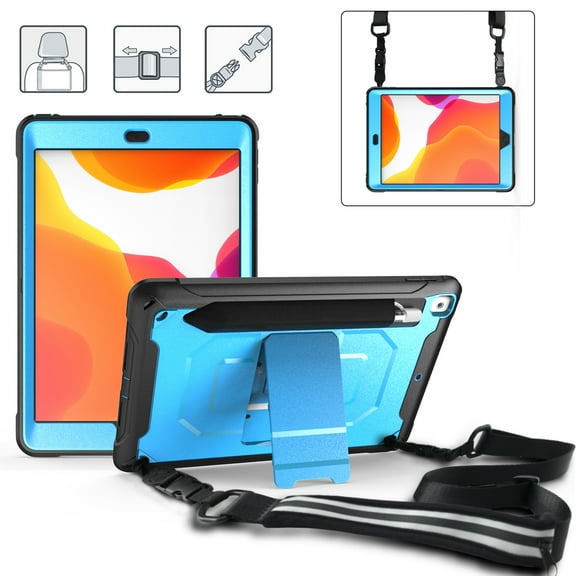 Dteck Case for iPad 10.2" 8th Generation (2020 Released) ,Shockproof 3-Layer Protection Rubber iPad 7th Gen 10.2" 2019 Cover Shoulder Strap Hybrid PC Kickstand Case Without Screen Protector,Blue
