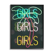 Stupell Industries Girls Neon Style Palm Tree Tropical Design Graphic Art Black Framed Art Print Wall Art, Design by Daphne Polselli