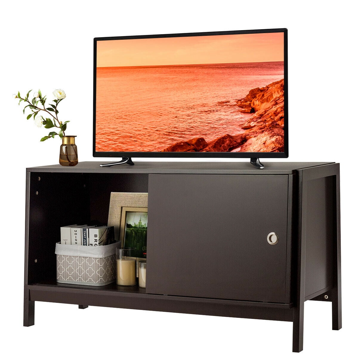 Gymax Tv Stand Modern Entertainment, Flat Screen Tv Cabinet With Sliding Doors