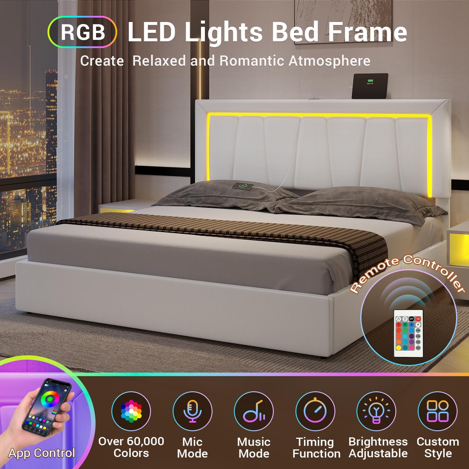 California King Bed Frame with 4 Storage Drawers & USB Ports & LED Headboard, Faux Leather Upholstered Platform Bed Frame with 3 Side Light Strip, No Spring Needed, White