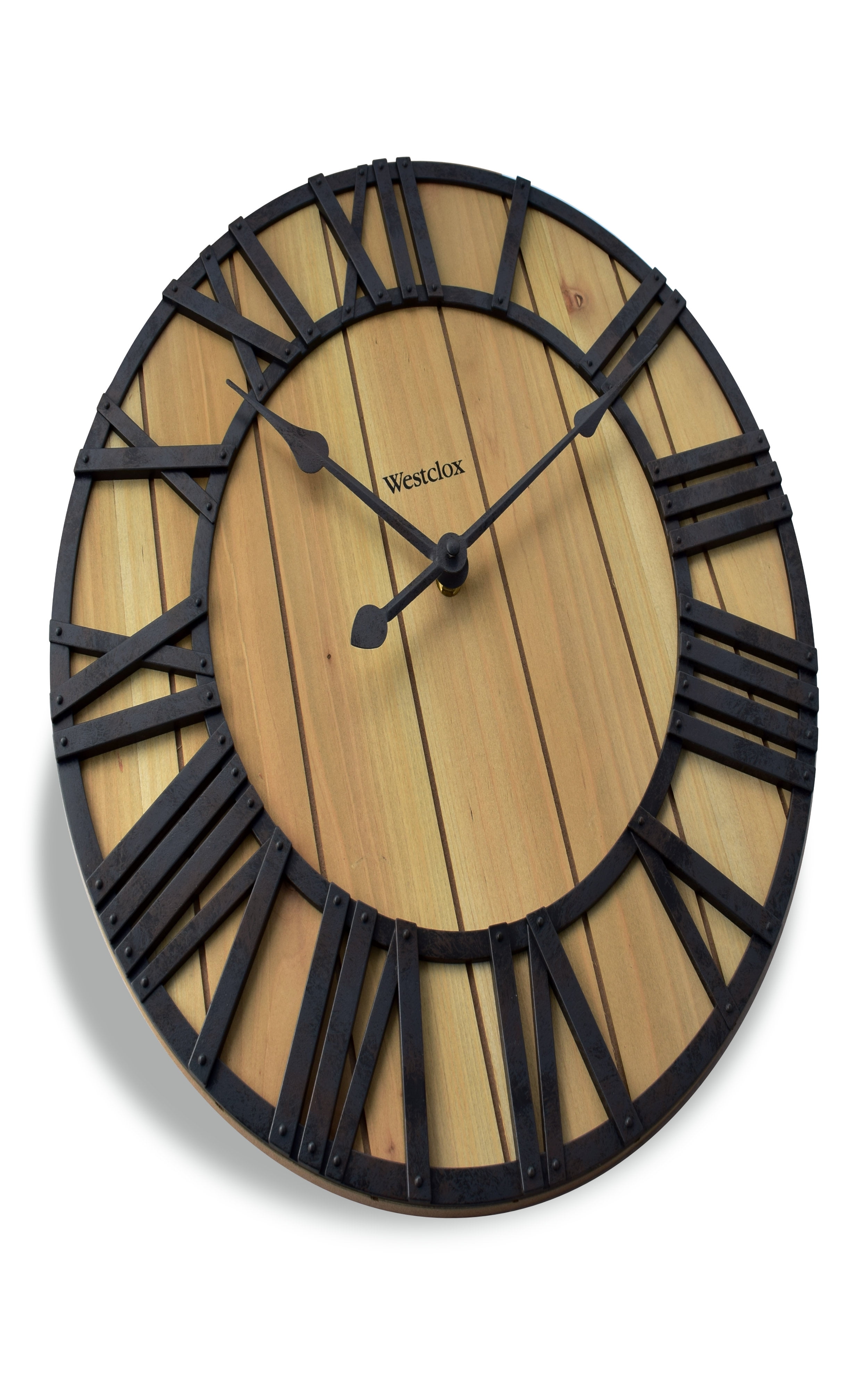 Westclox 16" Natural Wood Grain with Raised Roman Numerals & Iron Finish Wall Clock – Model# 38067