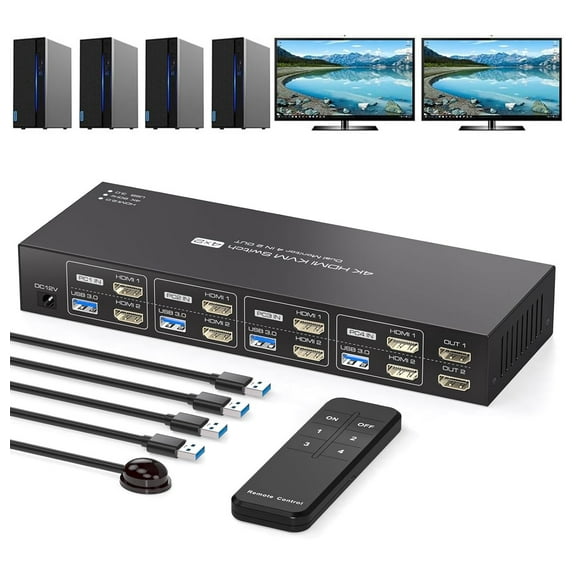 AUBEAMTO Dual Monitor HDMI KVM Switch 4 Computers 2 Monitors 4K@60Hz 2K@120Hz 4 Port KVM Switches for 4 PCs Share 2 Monitor and 4 USB 3.0 Devices with Remote,USB3.0 Cables and Power Adapter