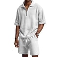 thumbnail image 2 of Men's 2 Piece Outfits Summer Casual Quarter Zip Short Sleeve Polo Shirts and Drawstring Shorts Set Loose Fit Tracksuit for Daily Vacation Wear White 3XL, 2 of 4