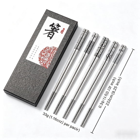 PLERISE 5-Pair Stainless Steel Chopsticks, 9.25 Inch Reusable Metal Chopsticks with Laser Engraved Non-Slip Design, Dishwasher Safe for Japanese Korean Cooking and Eating