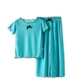 thumbnail image 4 of Vornjynx Kids Girls Casual Outfit Sets Short Sleeve T-Shirt and Wide Leg Pants Cute Bowknot Summer Comfort Soft Home Clothes 2 Piece Blue Size 10, 4 of 10