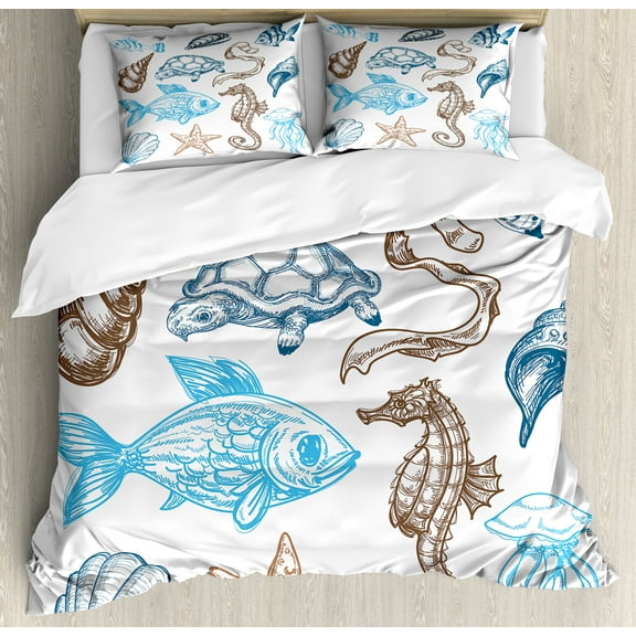 Hipster Duvet Cover Set, Underwater Marine Life Aquatic Fish Shell Jellyfish Oyster Squid Seahorse, Decorative 3 Piece Bedding Set with 2 Pillow Shams, King Size, Dark Blue Cocoa, by Ambesonne