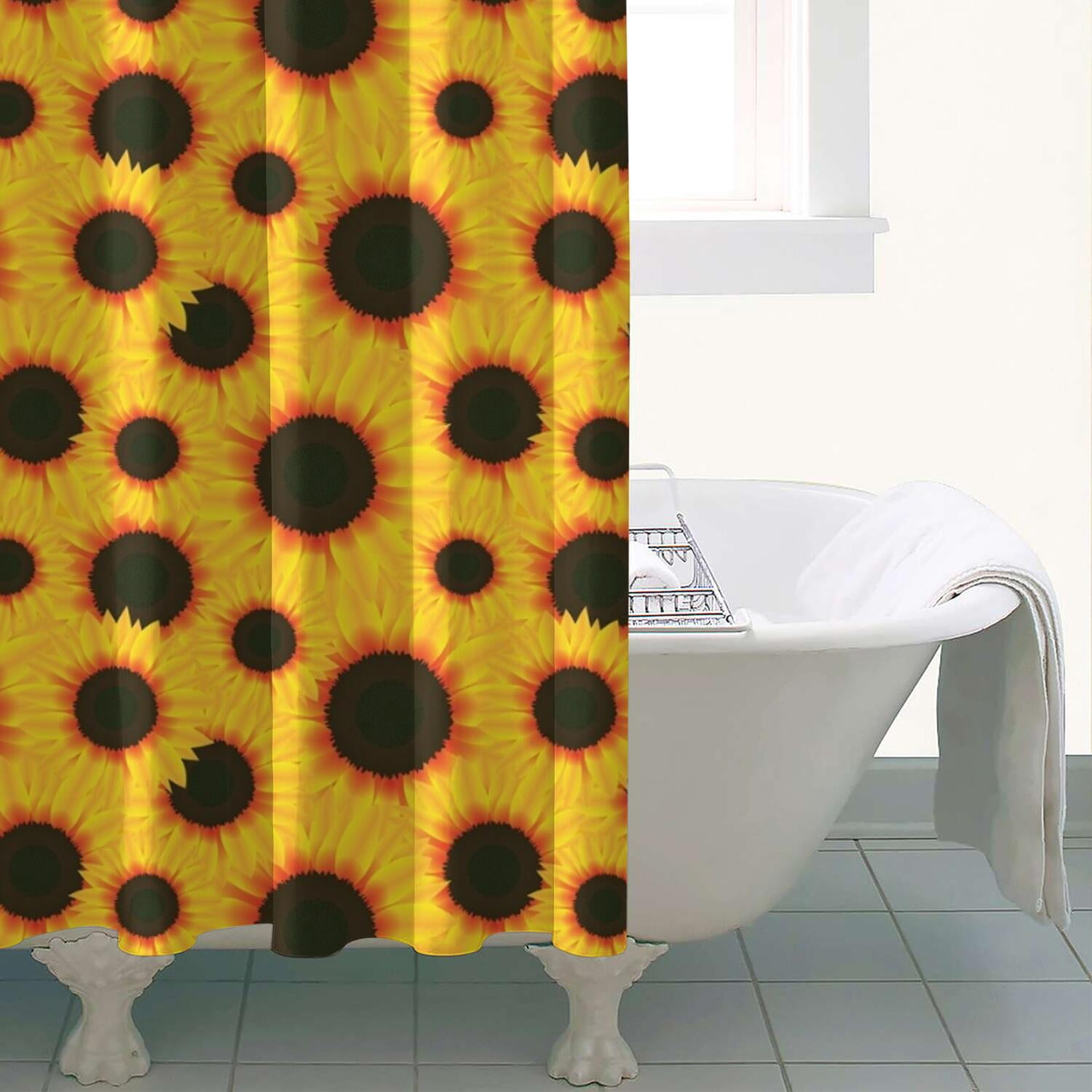 Floral Sunflower Pattern Shower Curtain Rustic Farmhouse Style Waterproof Quick-Dry Bathroom Curtain