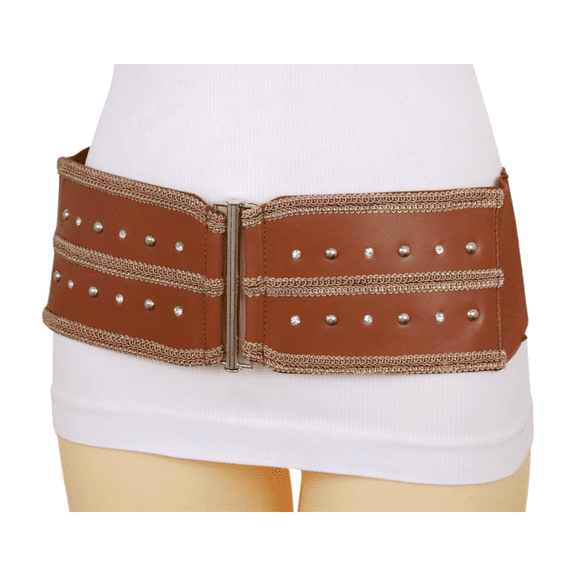 Women Brown Elastic Faux Leather Belt Silver Metal Studs Buckle S M