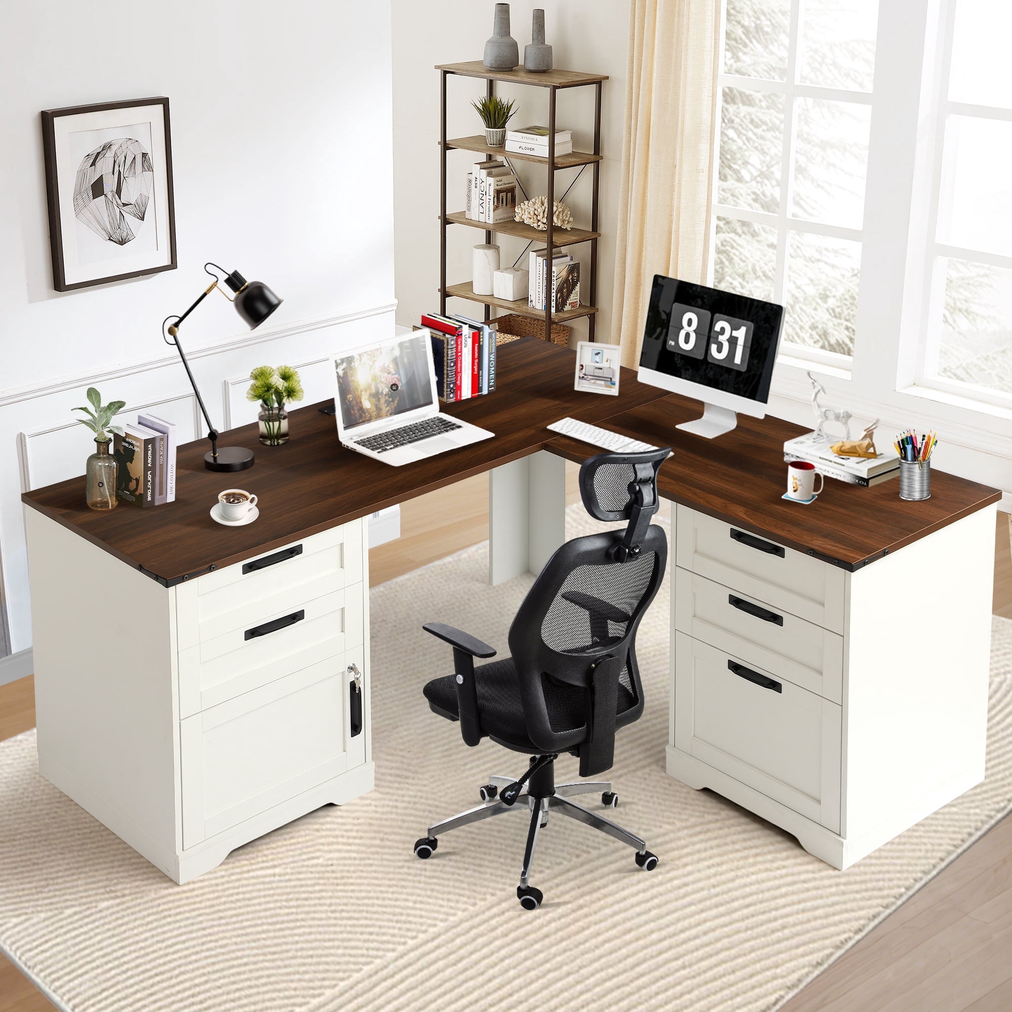 Haverchair 60" Executive L Shaped Desk with Drawers, Farmhouse Home Office Desk with Charging Station, Wood Corner Computer Desk with File Cabinet, Writing Computer Desk for Work and Study