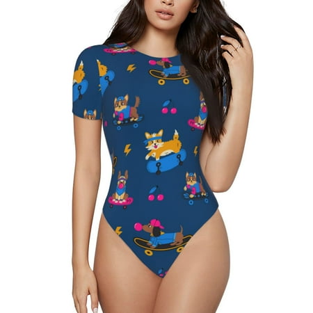 Hirioo Dogs Riding Skateboard for Women s Round Neck Short-sleeved Onesie Basic Bodysuits-X-Large