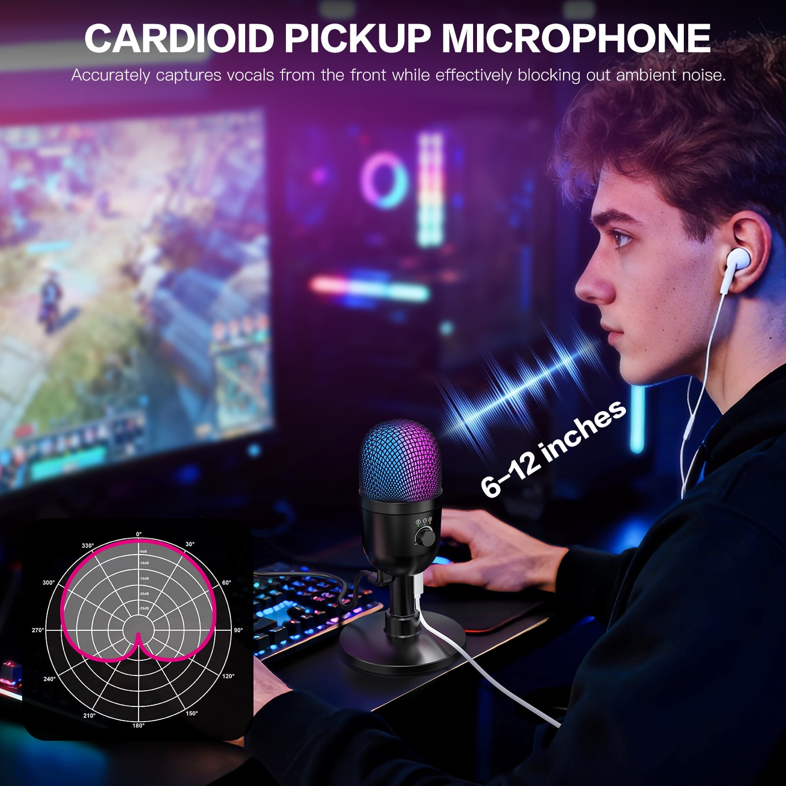 Zealsound Gaming Condenser Microphone with RGB Lights, Studio USB Mic for PC, Mac, iPhone, Plug & Play, Mute & Gain Control, Monitoring for Streaming, Podcasting, TikTok, YouTube