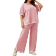 thumbnail image 6 of Color Block Women Plus Size Casual 2 Pieces Lounge Sets Short Sleeve Tops and Wide Leg Pants, 6 of 6