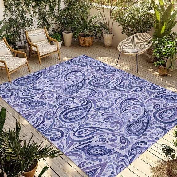 Purple Navy Blue Outdoor Rug 4x6 Ft - Reversible Patio Rug Outdoor Camping Rugs, Retro Botanical Abstract Art Washable Indoor Outdoor Area Rugs, Non-Slip Outdoor Carpet Runner for Deck/Porch