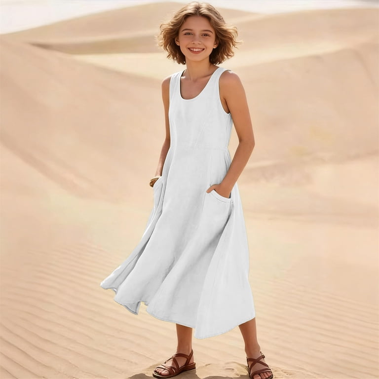 girls cotton maxi dress EnJoCho Girls Summer Maxi Dress Girl's Summer Sundress Spaghetti Strap  Solid Cotton Maxi Dress Open Back Flowy Casual Cami Dresses Beach Outfit