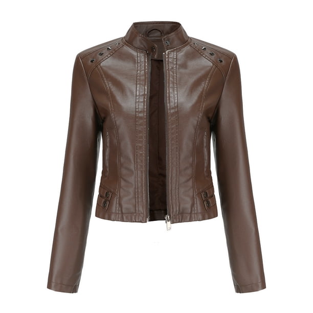 Chaqueta de cuero para mujer, chaqueta de motorista corta, cuello alto, cremallera, chaqueta de cuero, chaqueta de entretiempo para otoño y primavera