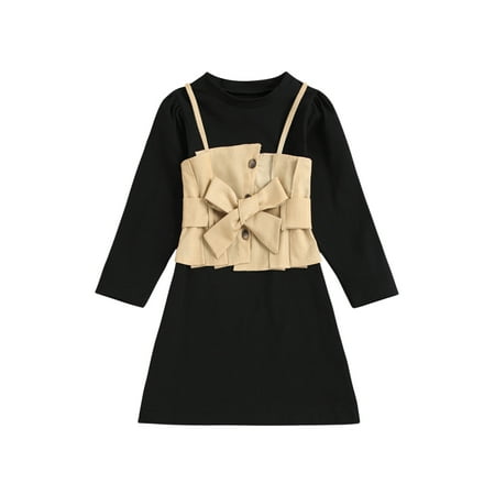 

Suanret Toddler Kid Girls 3PCS Streetwear Set Black Long Sleeve Top Dress Khaki Sling Tank Waistband Black 3-4 Years