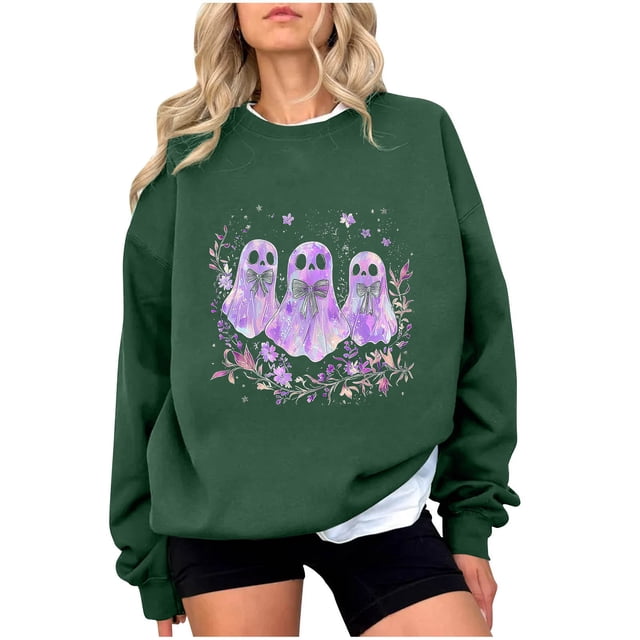 Chandail en Molleton Imprimé Fantôme pour Femmes Chandail Léger et Chaud Blouses Col Rond Manches Longues Ultra Doux Texturé Tenues de Printemps 2025 Chandail Automne Hiver Vêtements