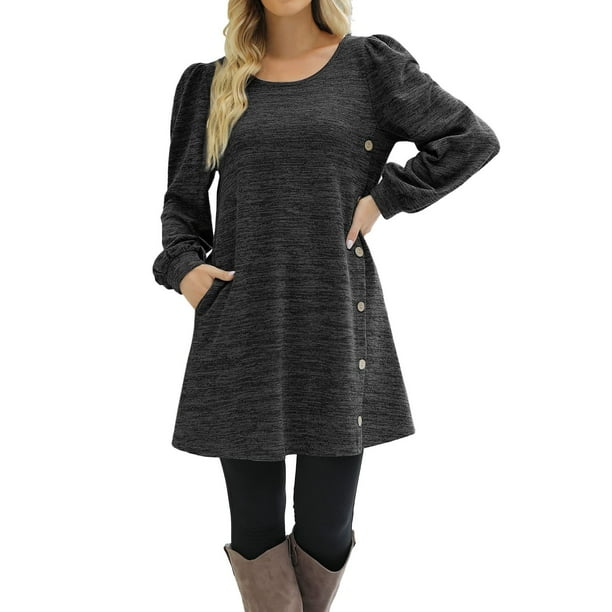 Vestido de manga larga con botones laterales para mujer: cuello redondo, largo hasta la rodilla, bolsillos, tejido de poliéster, tallas S-XXL para otoño/invierno