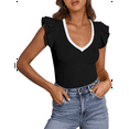 thumbnail image 3 of Womens Summer V Neck Ruffle Sleeveless Slim Fit T-Shirts Black and White L, 3 of 7