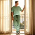 thumbnail image 4 of Dwelliawo Men 2 Piece Pajama Set Modal Crewneck Short Sleeve T-Shirt Long Pants Oversize Tall Loungewear Comfort Sleepwear With Pockets For Home Street Dark Green L, 4 of 7