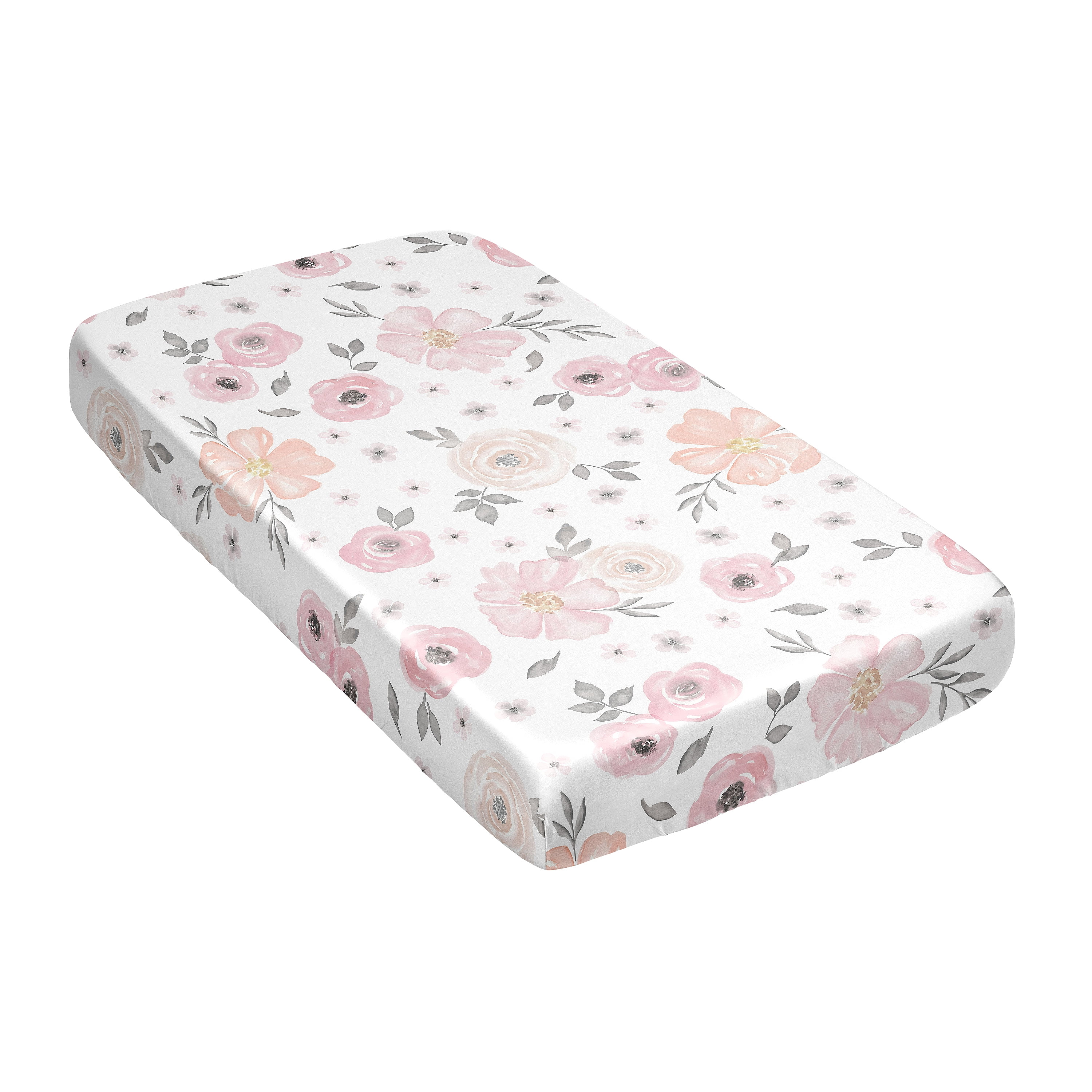 Sweet Jojo Designs Watercolor Floral Blush Pink Grey White Gray Satin Fitted Crib Sheet
