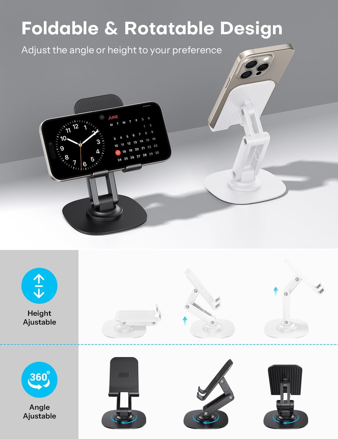 Cell Phone Stand for Desk, 2 Pack Adjustable Foldable Phone Holder, 360 Swivel Mobile Stand Fit for iPhone 17 16 15 14 13 Pro Max and All Smart Phones, Black & White