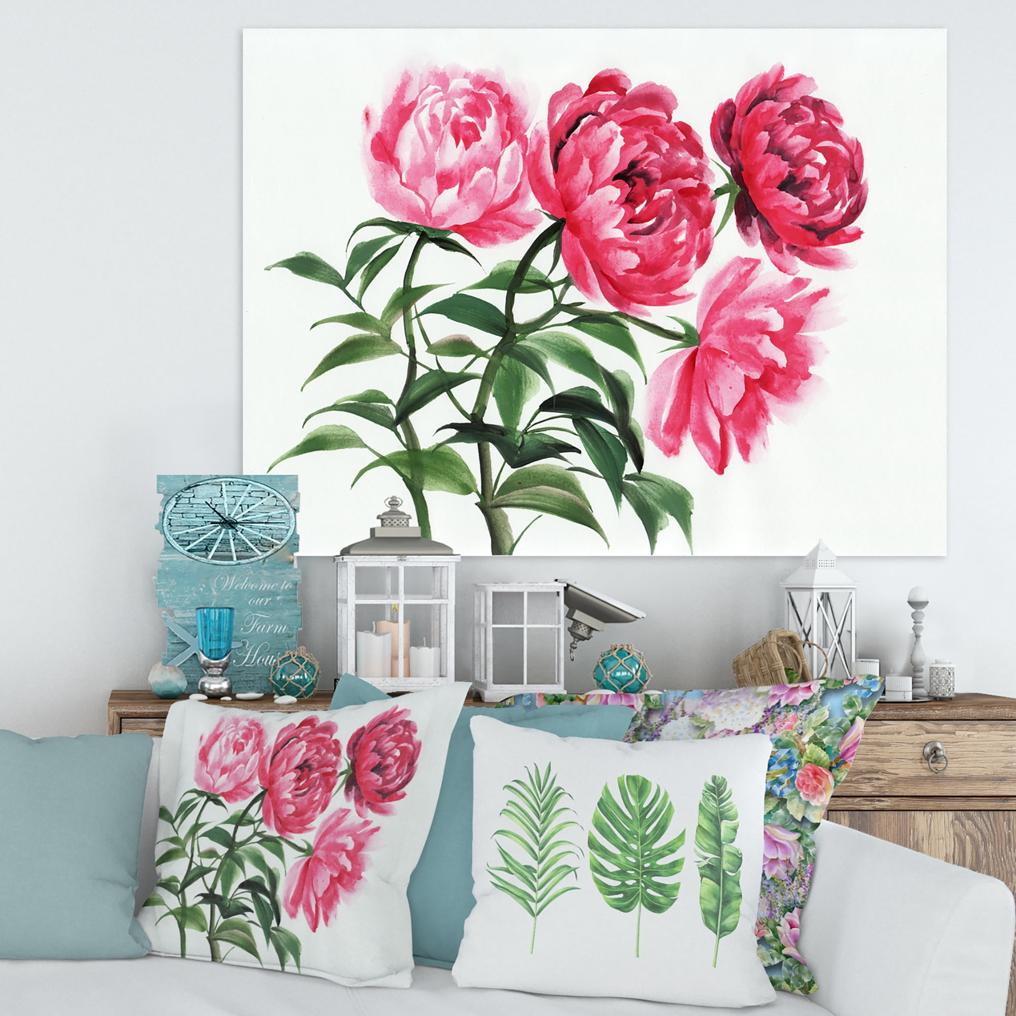 Designart ' Abstract Four Vintage Pink Peonies ' Traditional Canvas Wall Art Print