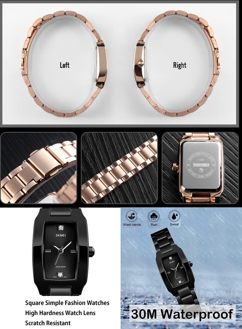 Watches for Women Ladies Female Diamond Square Stainless Luxury Fashion Small Slim Analog Quartz Waterproof Dress Casual Simple Wife Gifts Wrist Watch