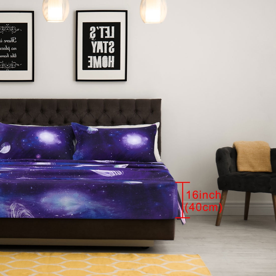 Unique Bargains Galaxy Print Bed Sheets Pillow Cases Bedding Set, Purple, Full