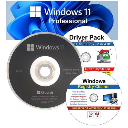 Microsoft Windows 11 Professional OEM 64 Bit DVD Software For UEFI Bios, Drivers DVD & Registry Cleaner Software, 3PK