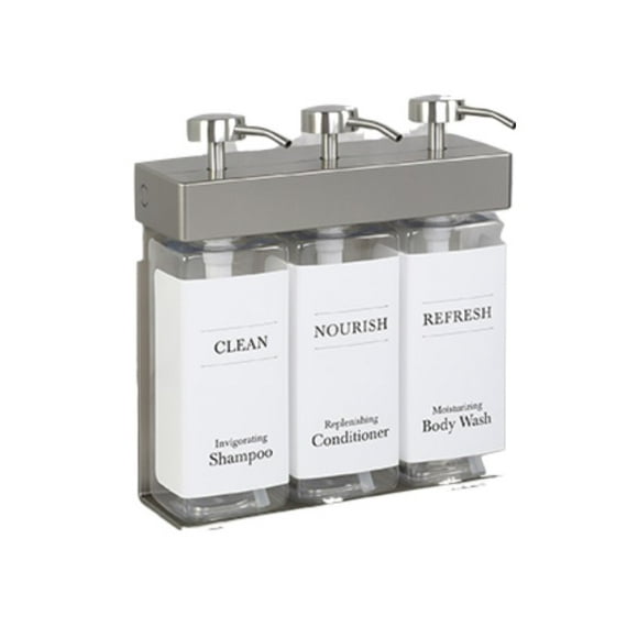3-Chamber SOLera Liquid Bath Amenities Dispenser 440mL Bottles with pump style Std White Labels 1/Pack