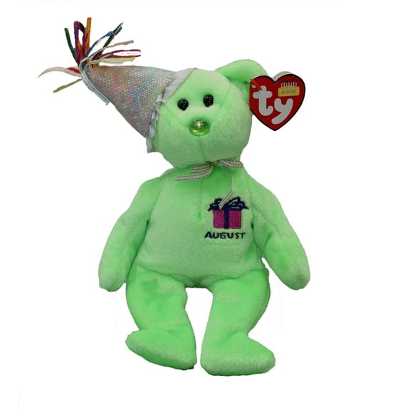 TY Beanie Baby - AUGUST the Teddy Birthday Bear (With Hat)( 9.5"  Plash)(BONUS 1 FUB CHOPS & 1 ZIPPER BRACELET)