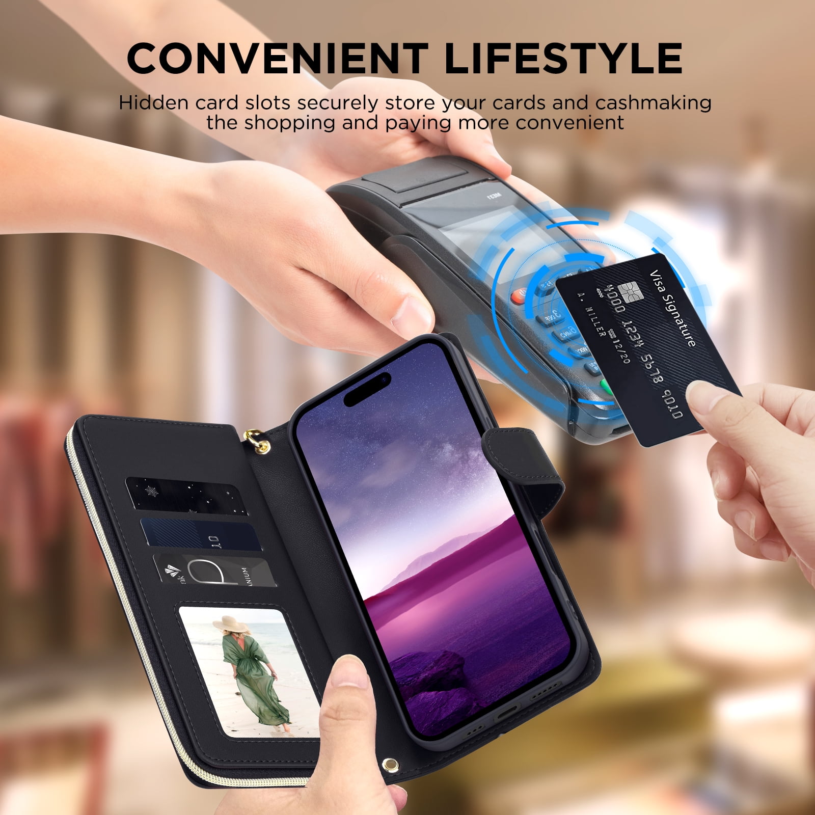 Compatible for iPhone 12 Pro / 12 6.1" Wallet Case, Crossbody Strap PU Leather Folio Phone Cover, Zipper Handbag Purse with Card Holder Lanyard Flip Stand for iPhone 12 Pro / 12 6.1", Black