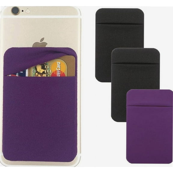 3Pack Cell Phone Card Holder Pocket for Back of Phone,Stretchy Lycra Stick on Wallet Credit Card ID Case Pouch Sleeve Self Adhesive Sticker with Flap for iPhone Samsung Galaxy-2Black 1Purple