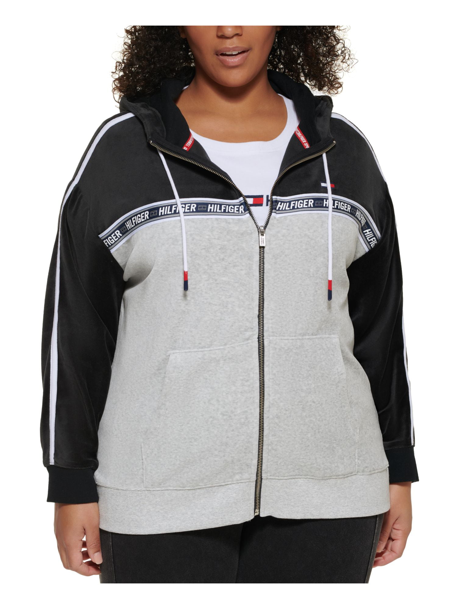 TOMMY HILFIGER SPORT Womens Gray Cotton Blend Pocketed Zippered Drawstring  Velour Color Block Long Sleeve Hoodie Sweater Plus 1X - Walmart.com