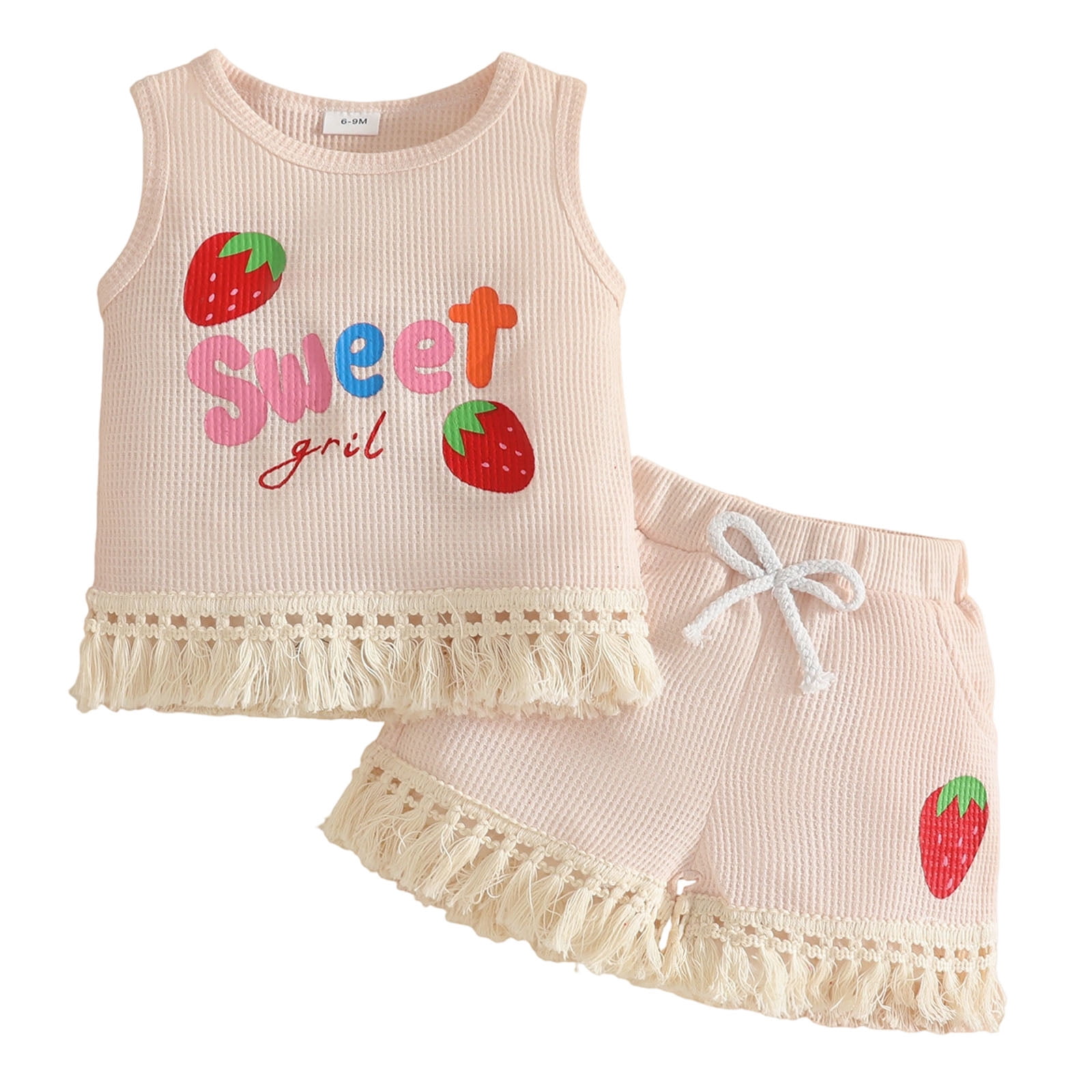Faraee 0-3 Years Toddler Baby Girl Summer Clothes Ribbed Waffle 2 Piece Outfits Tassel Hem Tank Tops Drawstring Shorts Clothing Set Beige