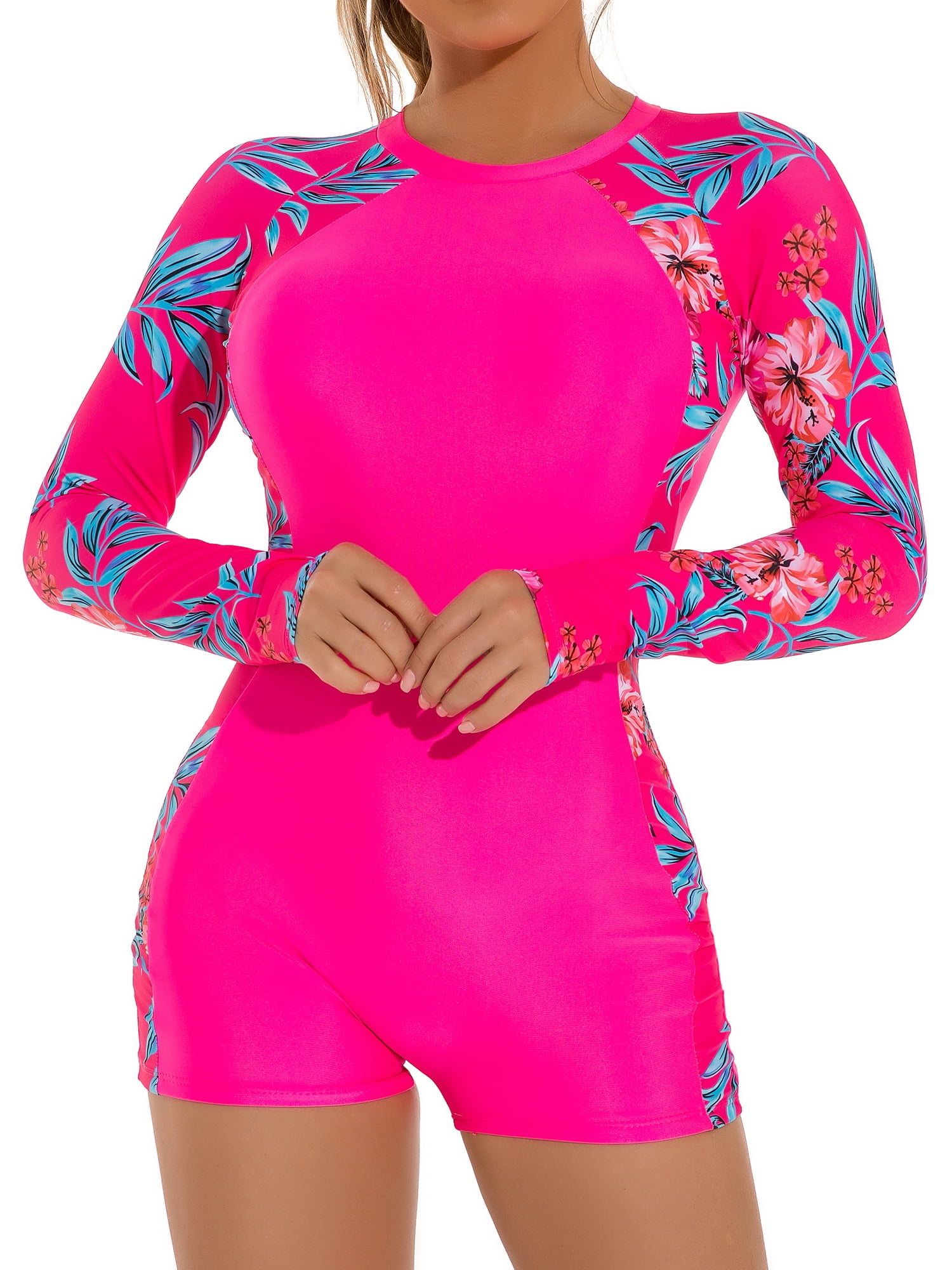 Niuer SXL Women's Rose Red Surfing Swimsuits One Piece Rash Guard Long Sleeve Splicing Swimwear