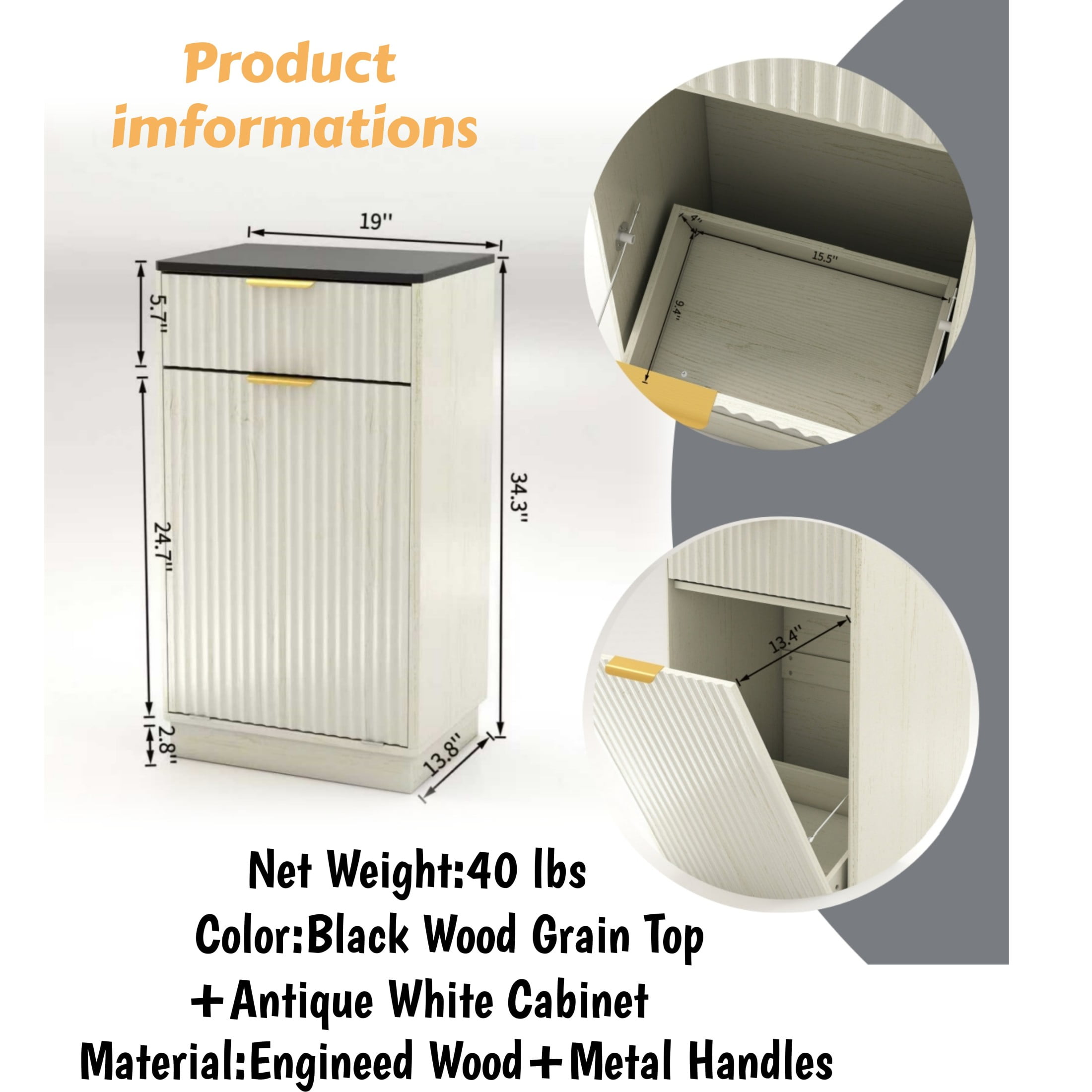 Noble House Great 10-Gallon Tilt-Out Trash Can Cabinet, Woodgrain Hidden Bin with Drawer for Kitchen, Bathroom, White & Black