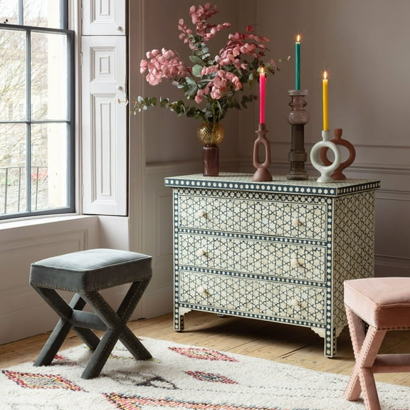 Stars Bone Inlay Chest of 3 Drawers Gray, Bone inlay dresser, bone inlay vanity