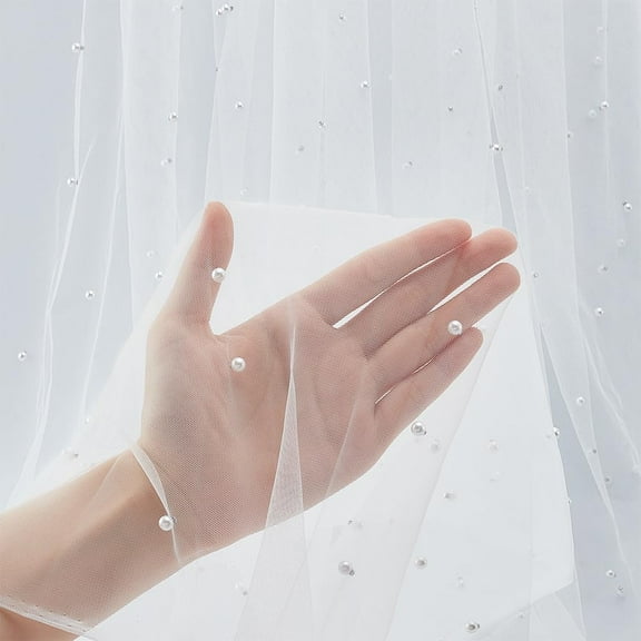 3 Yards White Pearl Tulle Fabric 59.05 Inch Sheer Mesh Fabric Soft Tulle Tablecloth with Small Pearls for Clothing Wedding Sewing DIY Crafts Gowns Crafts Curtain Decor