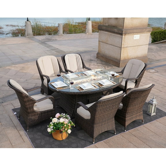 Outdoor Patio 7-Piece PE Rattan Wicker Oval Fire Pit Dining Table Chair Set, Brown