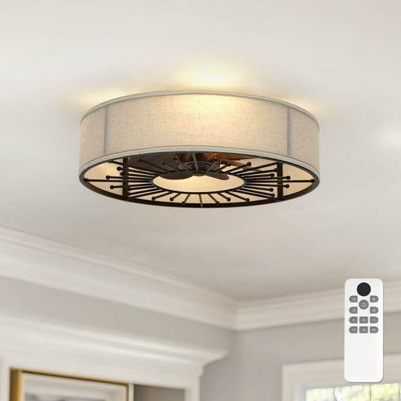 Ltmate 20-Inch Indoor Black Low Profile Ceiling Fan with Linen Light Shade, 100-240V