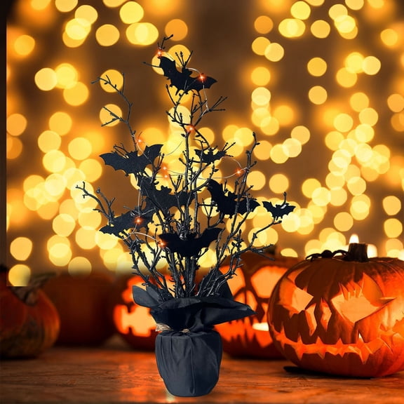 Glowing Bat Branch Tree Halloween Decorations,Artificial Black Twig with Integrated LED Lights,Compact for Spooky Desktop Table Indoor Display 12 in