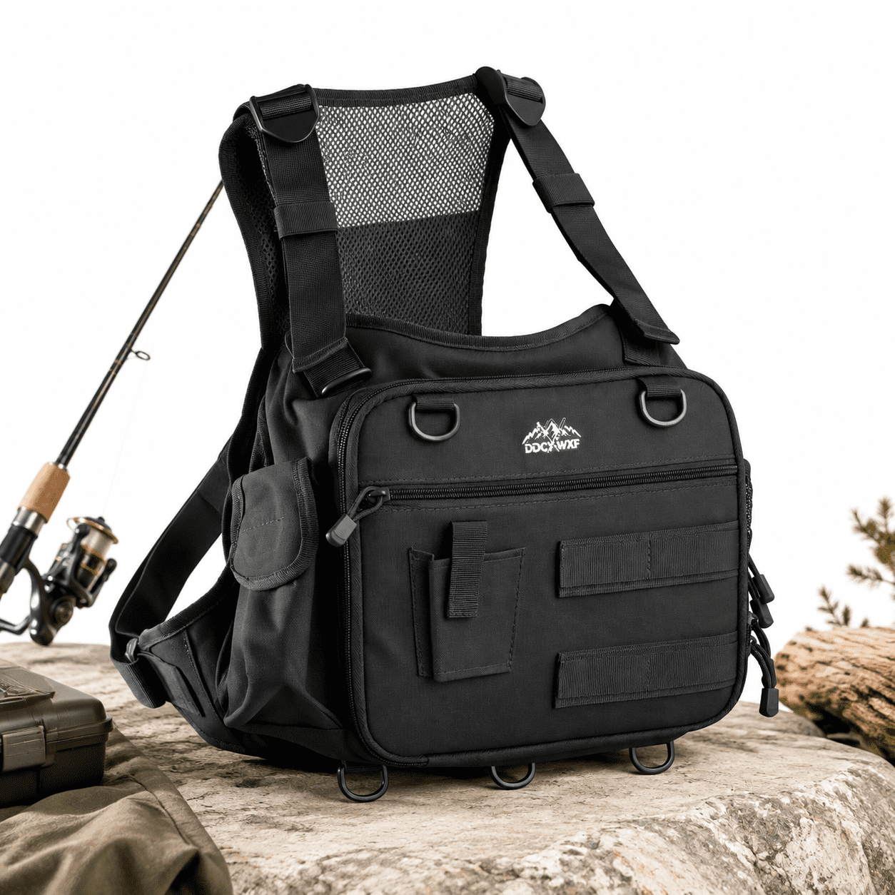 Black Fishing Chest Pack With 3 Bait Boxes Fly Tackle Bag And Work Station