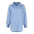 thumbnail image 4 of Fshiont Womens Smocked Cuffed Striped Boyfriend Shirt Casual Collar Long Sleeve Oversized Button Down Blouse Tops with Pocket Shirred Light Blue XL, 4 of 7