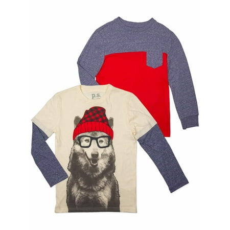 p.s.09 from aeropostale Long Sleeve Graphic and Pocket T-Shirt Value, 2-Pack Set (Little Boys & Big Boys)