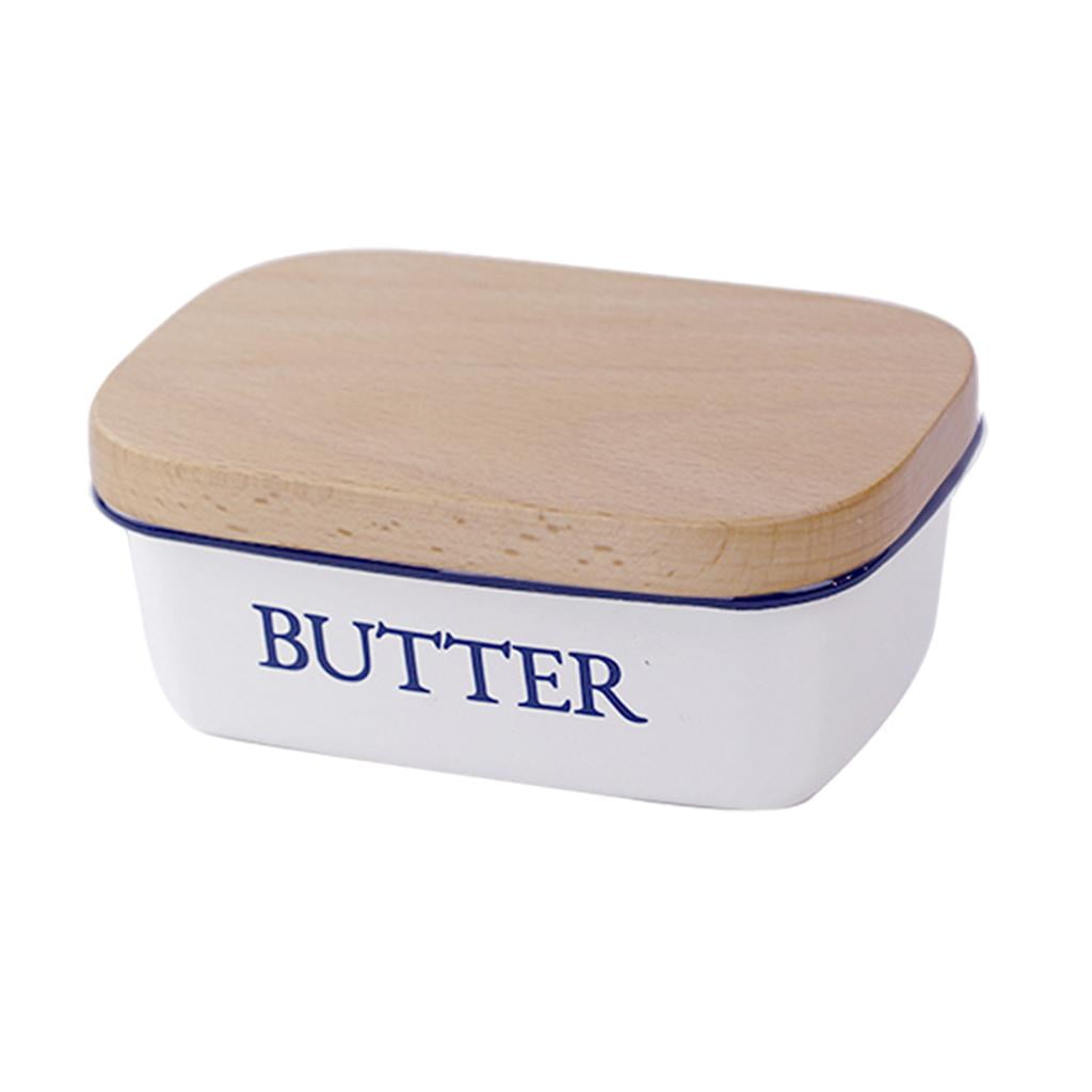 Enamel Vintage Butter Dish Storage  Box with Wooden Lid Kitchen White w/Knife 