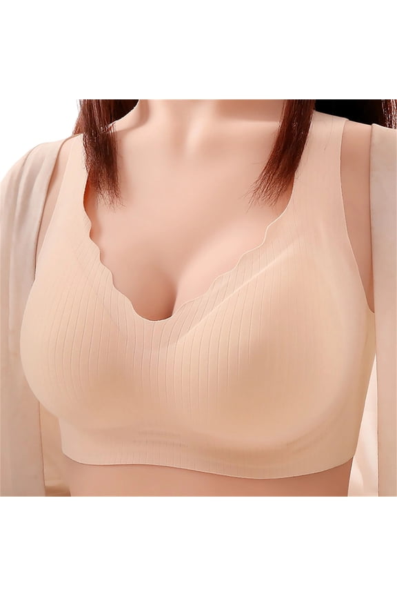 Womens Seamless Ribbed Soft Stretchy Bralette Wireless Comfort Bra V-Neck Lightly Padded Pullover Plus Size Beige,Size 3XL