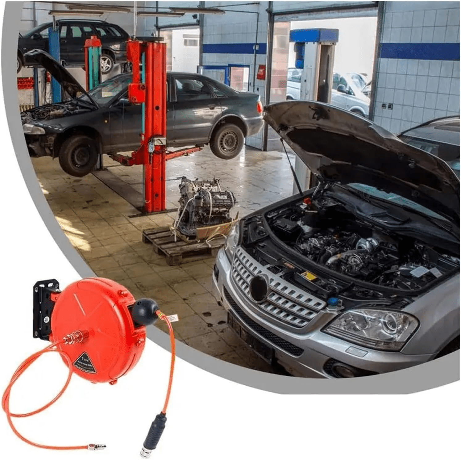 393.7in Retractable Air Hose Reel - Auto-Rewind, Rotating Bracket, Quick Connector, 180° Swivel Clamp, Commercial Grade Wall-Mounted for Air Compressor & Car Repair